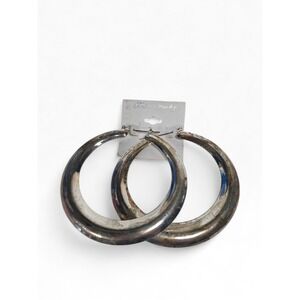 Vintage Chunky Silver Tone Hoop Earrings Aged Patina 3in LARGE OVERSIZED Metal